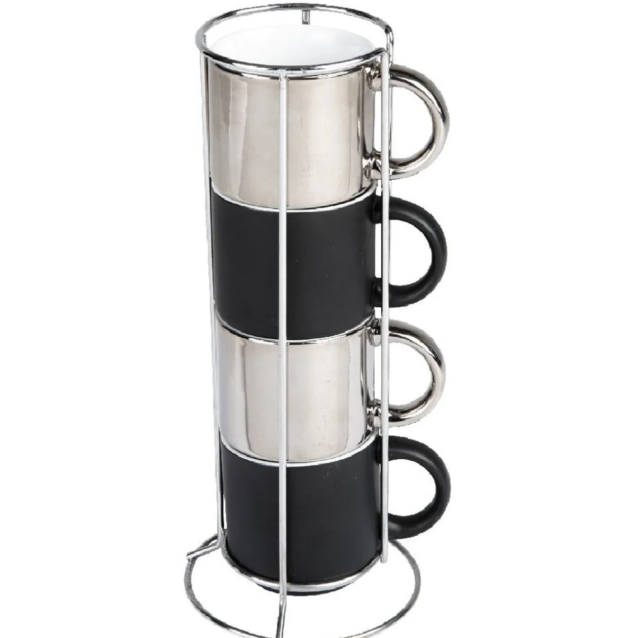 4 tasses en céramique noir et argent avec support metallique h30