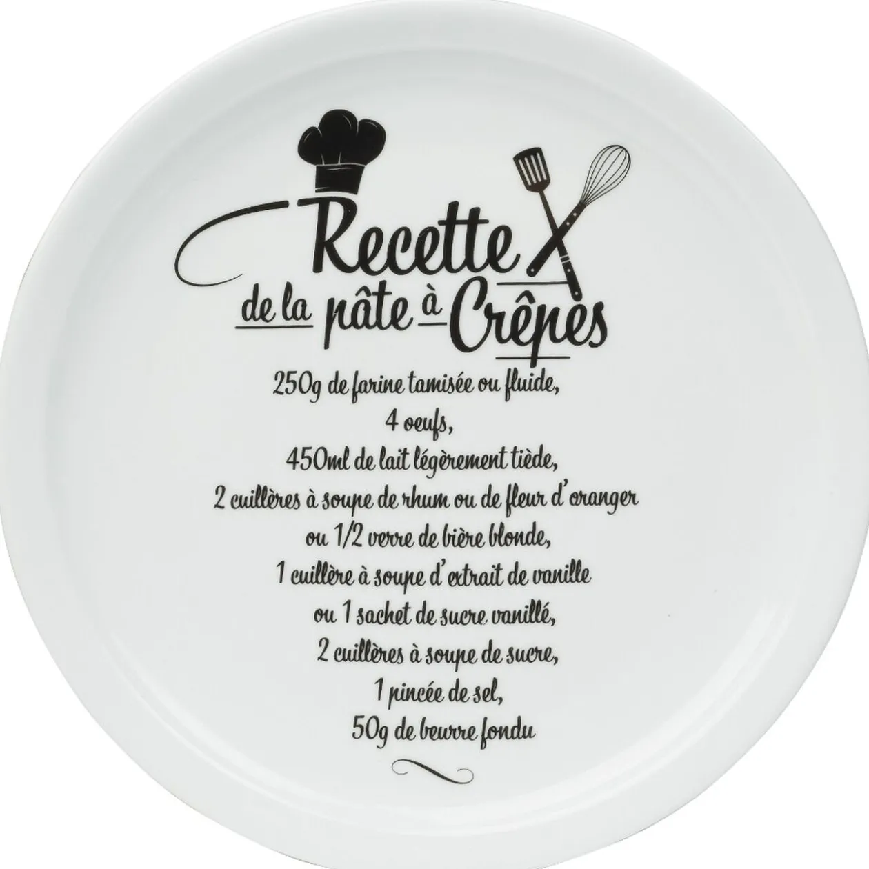 Assiette à crêpes porcelaine décor recette noir blanc