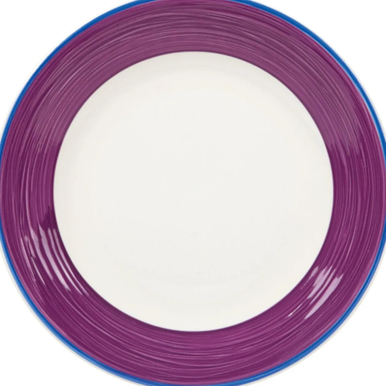 Assiette à dessert blanche à bord violet et bleu