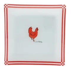 Assiette à dessert carrée blanc et rouge design poule