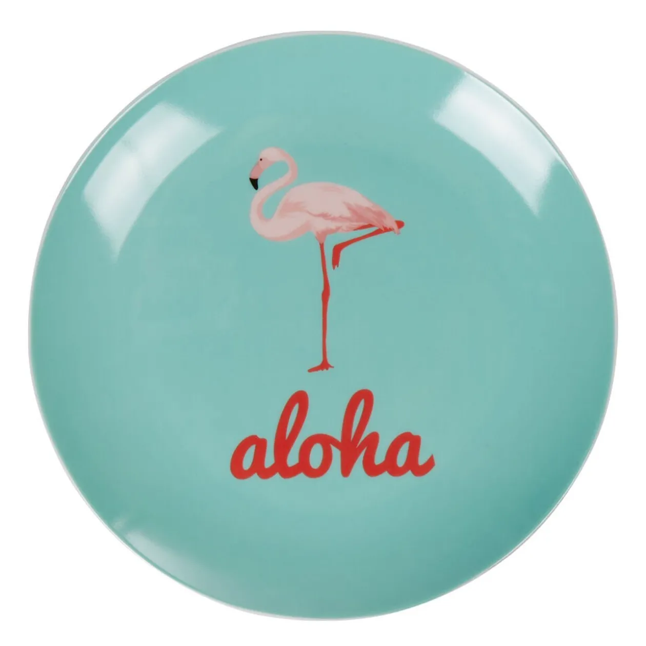 Assiette à dessert ronde bleu turquoise flamant rose aloha