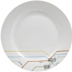 Assiette plate blanche décor lignes multicolores