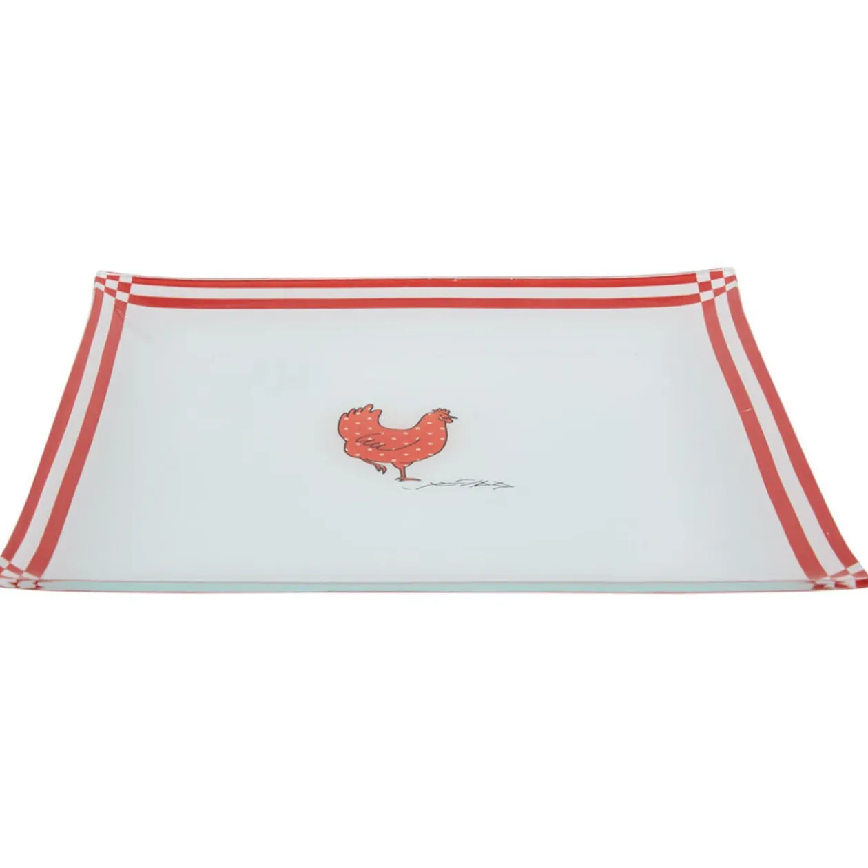 Assiette plate carrée blanc et rouge design poule