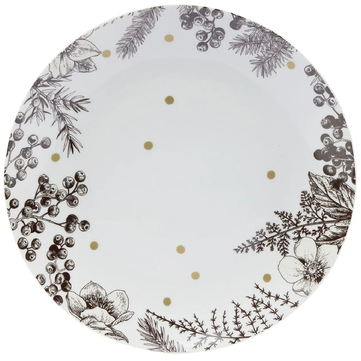 Assiette plate en porcelaine blanche motif végétal marron