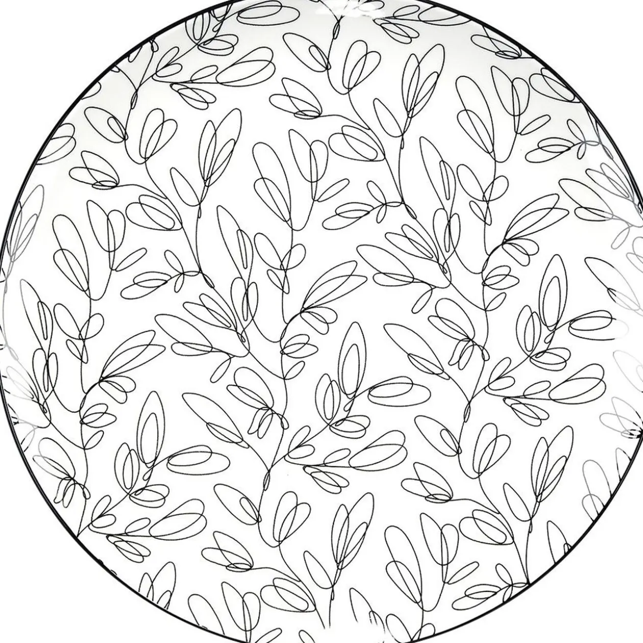 Assiette plate porcelaine motif feuillage noir blanc Ø24xH2,3cm
