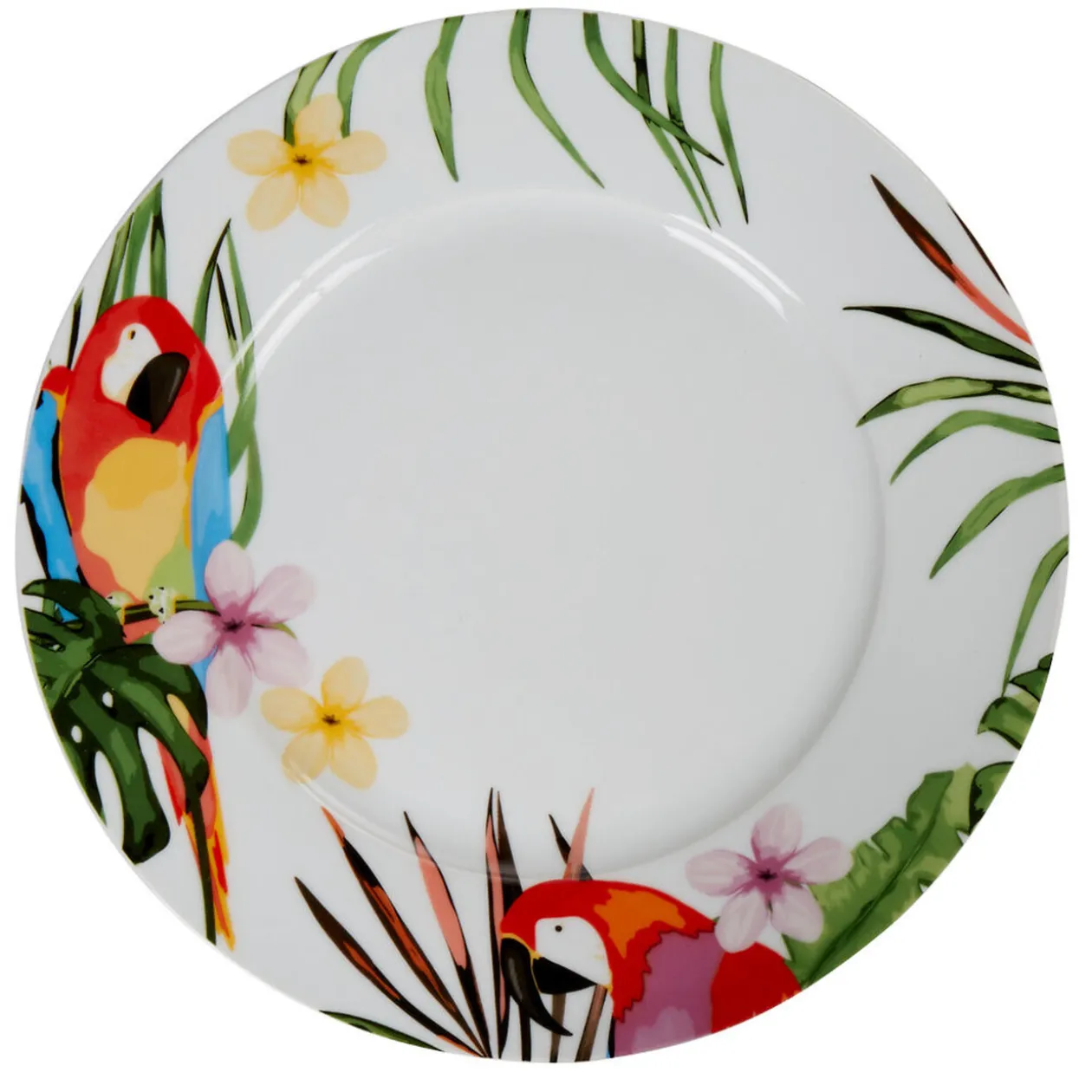 Assiette plate ronde blanche décor perroquet