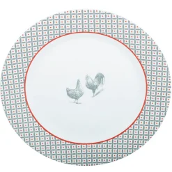 Assiette plate ronde design poule rebord motif triangulaire
