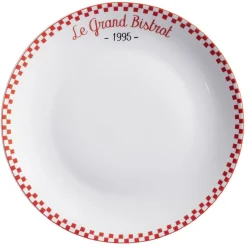 Assiette plate ronde Le grand bistrot contour damier rouge blanc