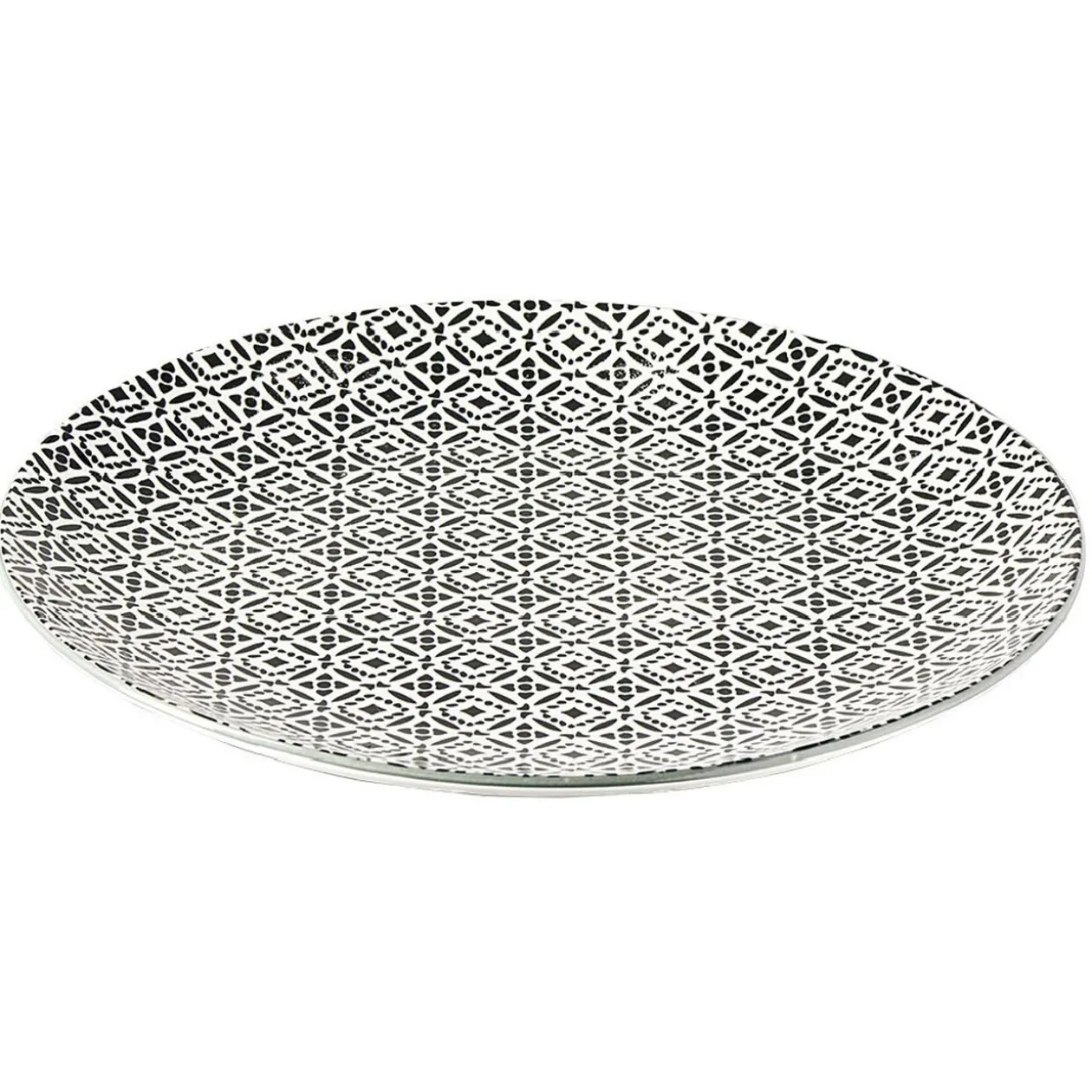 Assiette plate ronde motif géométrique noir et blanc