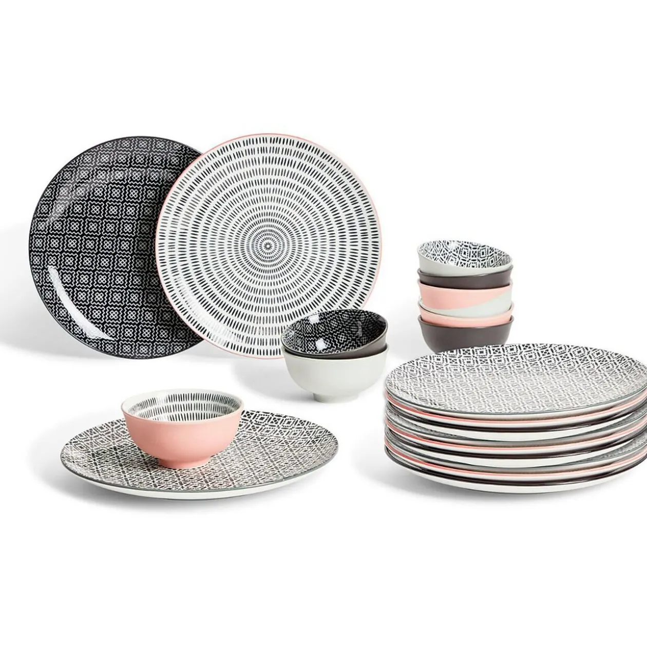 Assiette plate ronde motif géométrique noir et blanc