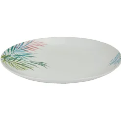 Assiette plate ronde porcelaine motif feuillage multicolore