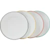 Assiette ronde plate porcelaine blanc avec bord coloré x4