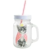 Bocal à paille avec anse et couvercle motif chat rose et blanc