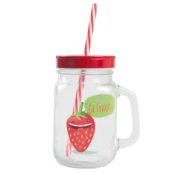 Bocal à paille avec anse et couvercle Blaise La Fraise rouge et blanc