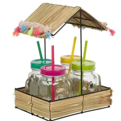 Bocal à paille et couvercle style tropical avec support x4