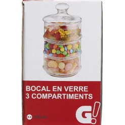 Bocal bonbonnière 3 compartiments en verre transparent