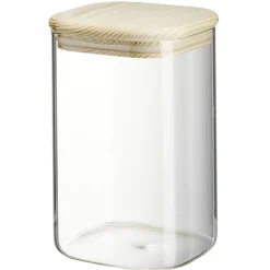 Bocal carré transparent avec couvercle en bois 1L