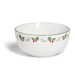 Bol en porcelaine blanc bord vert avec motif feuillage houx Ø13xH6,5cm