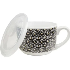 Bol jumbo blanc à motif ethnique jaune et noir couvercle transparent