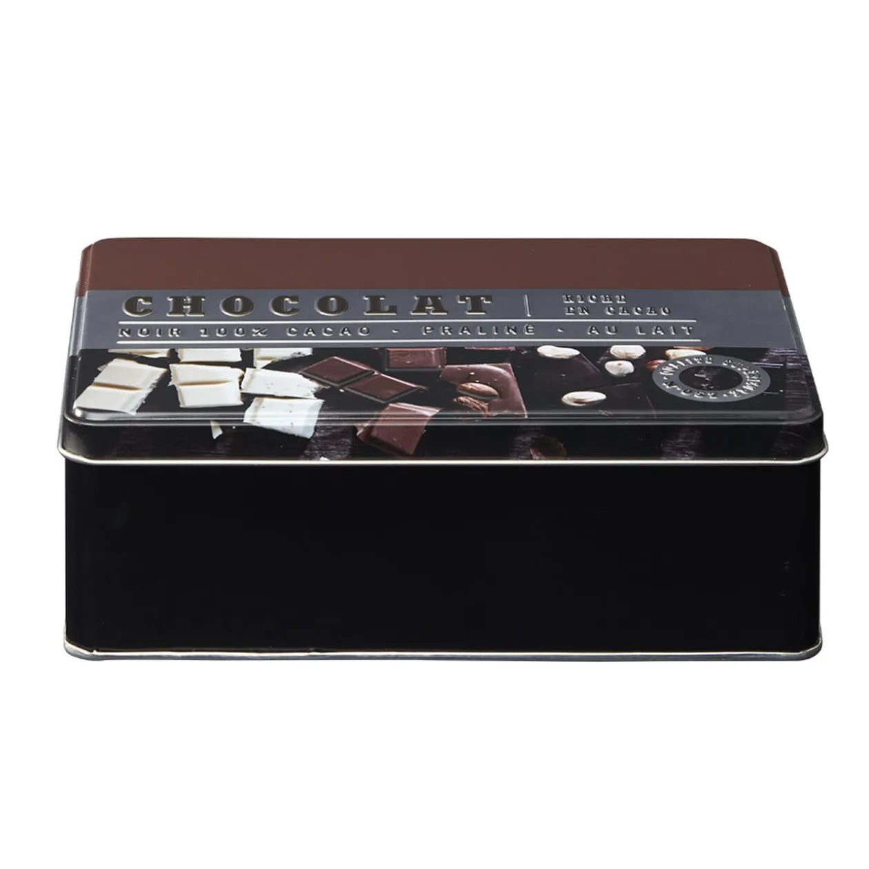 Boîte à chocolat rectangulaire en métal décorée marron