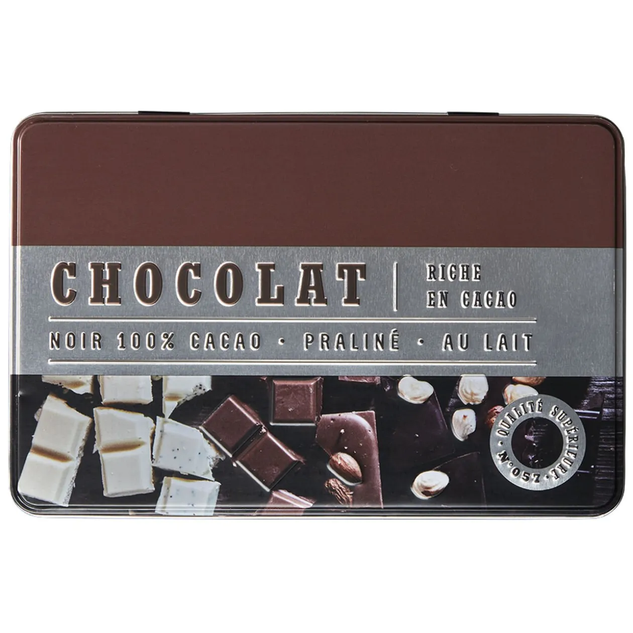 Boîte à chocolat rectangulaire en métal décorée marron