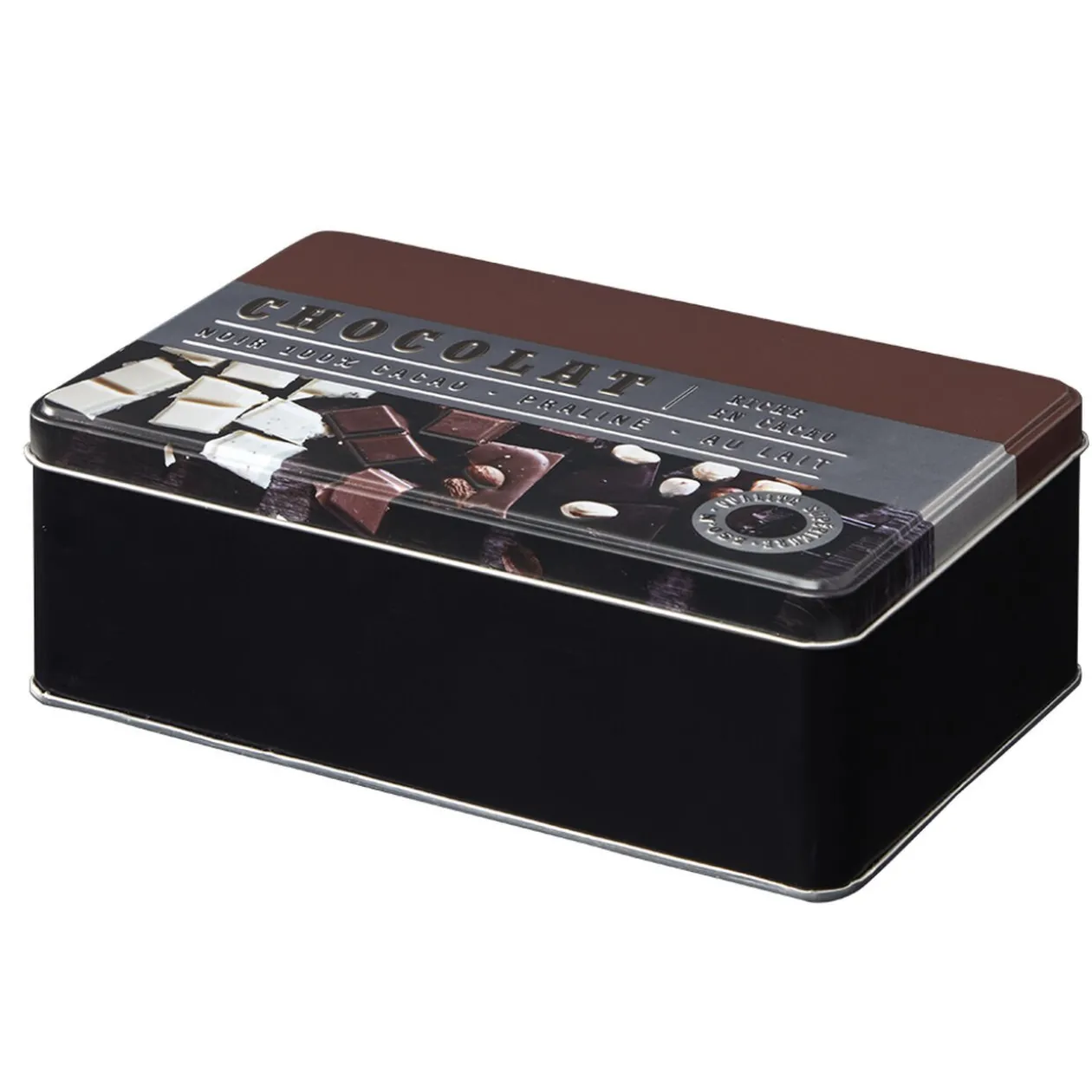 Boîte à chocolat rectangulaire en métal décorée marron