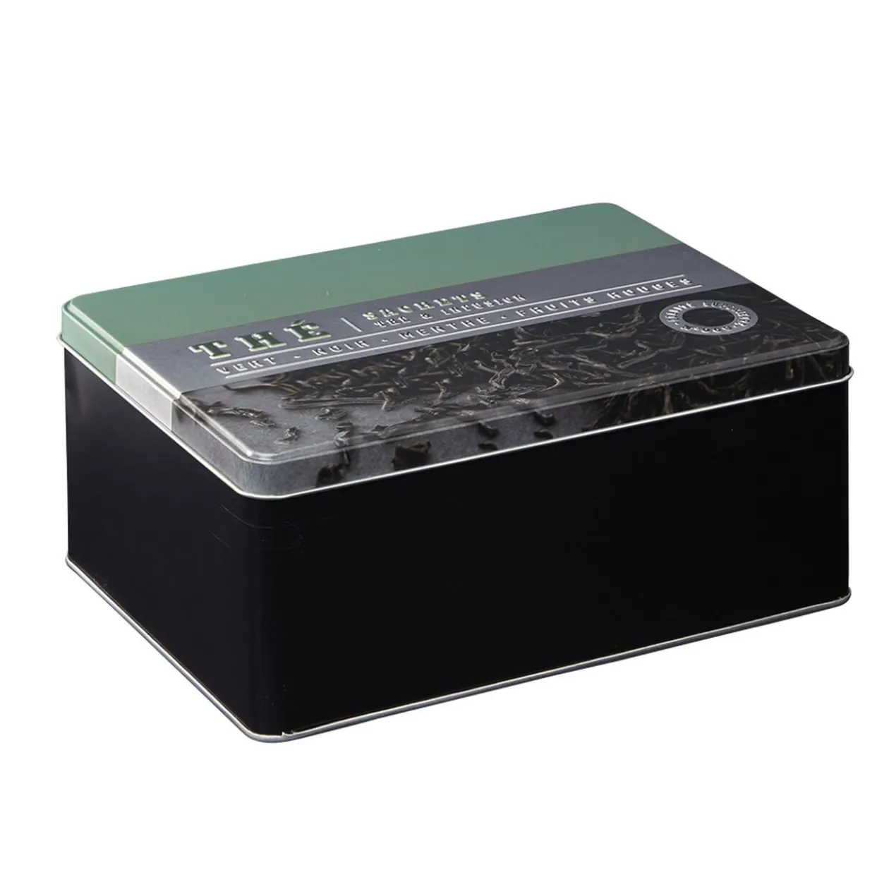 Boîte à thé rectangulaire en métal décorée verte