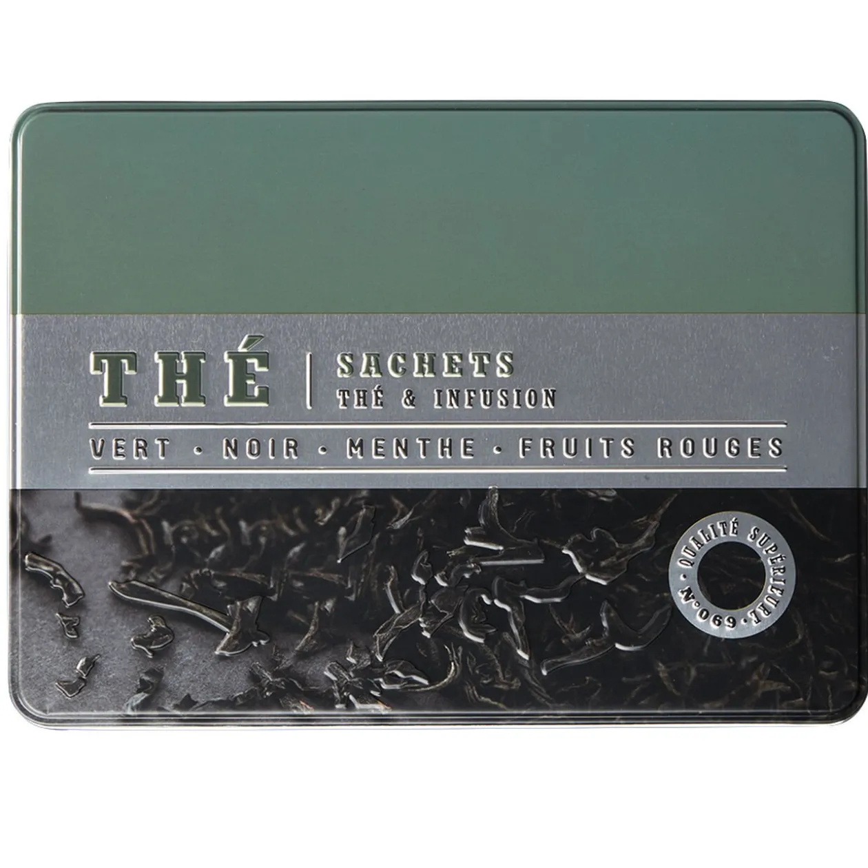 Boîte à thé rectangulaire en métal décorée verte