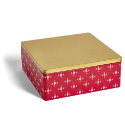 Boîte alimentaire carrée motif Noël métal rouge et dorée 26x26xH10cm