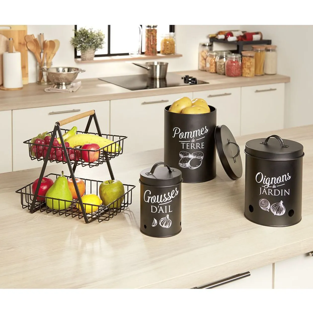 Boîte de conservation métal noir pour oignon