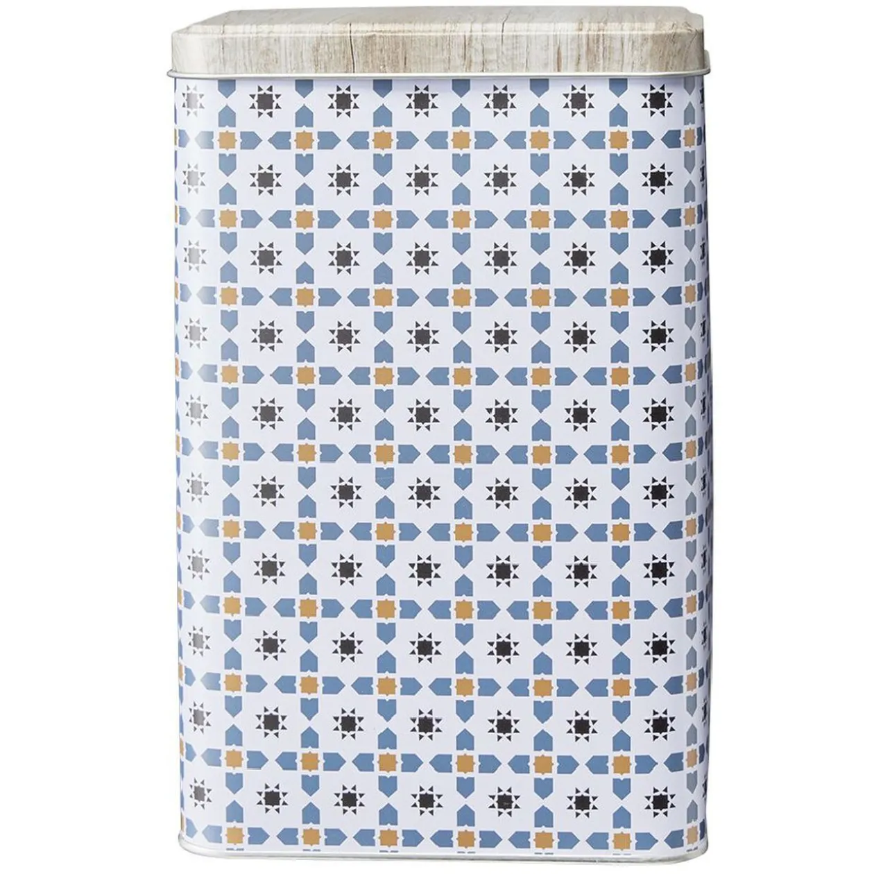 Boîte en métal décor carreau de ciment avec couvercle effet bois