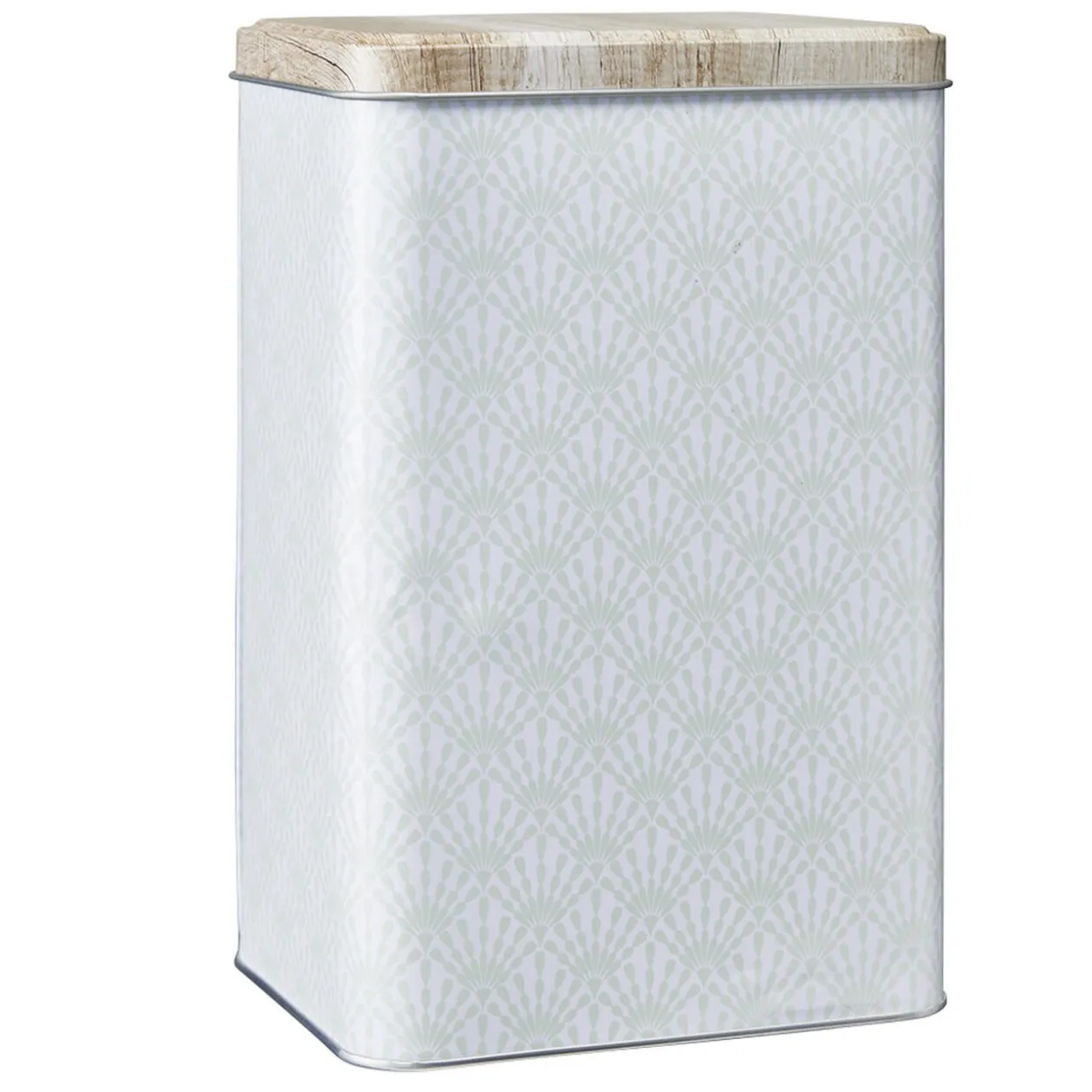 Boîte en métal imprimé gris avec couvercle effet bois