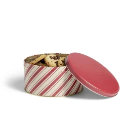 Boîte ronde en métal Ø16,7cm motif rayures beige et rouge