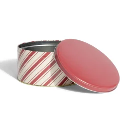 Boîte ronde en métal Ø16,7cm motif rayures beige et rouge