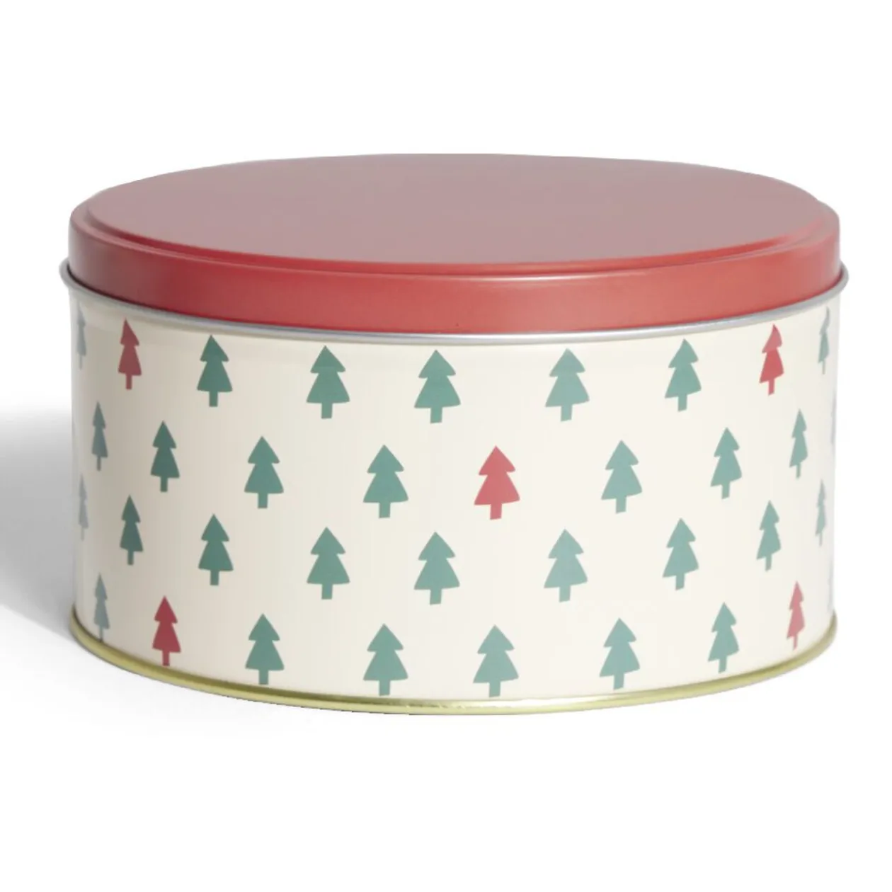 Boîte ronde en métal Ø13,5cm motif sapin vert et rouge