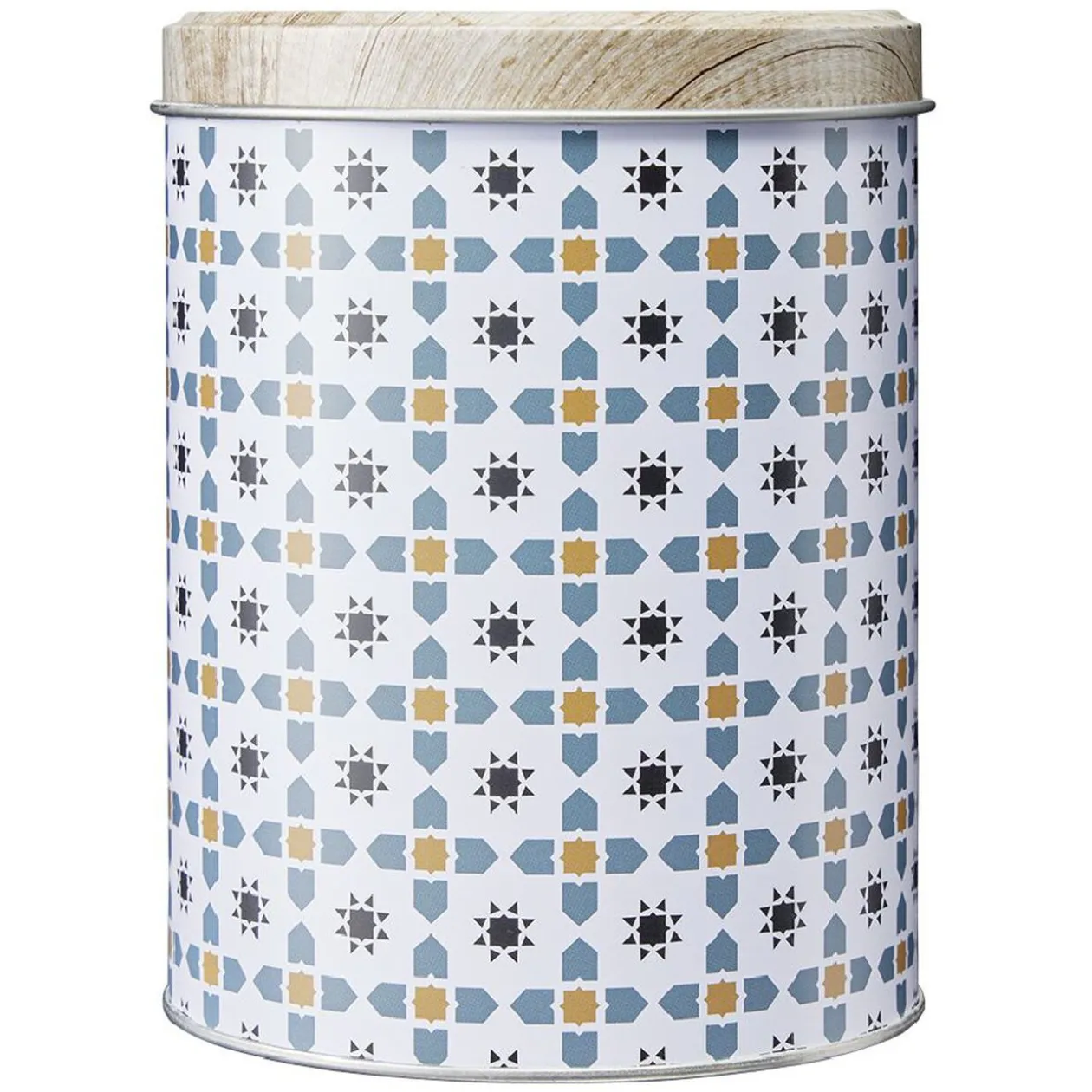 Boîte ronde en métal décor carreau de ciment avec couvercle effet bois