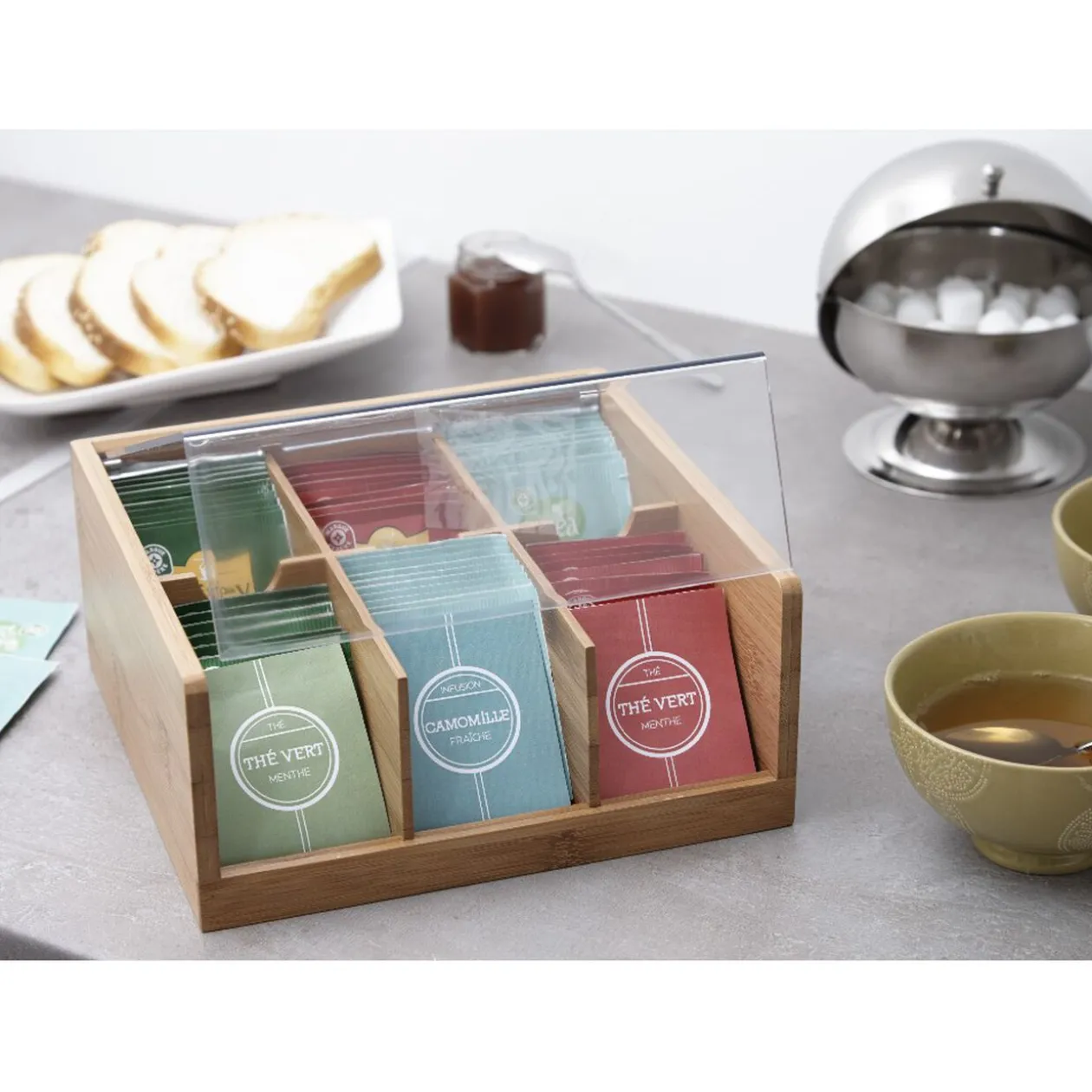 Boîtes à thé en bambou avec couvercle transparent