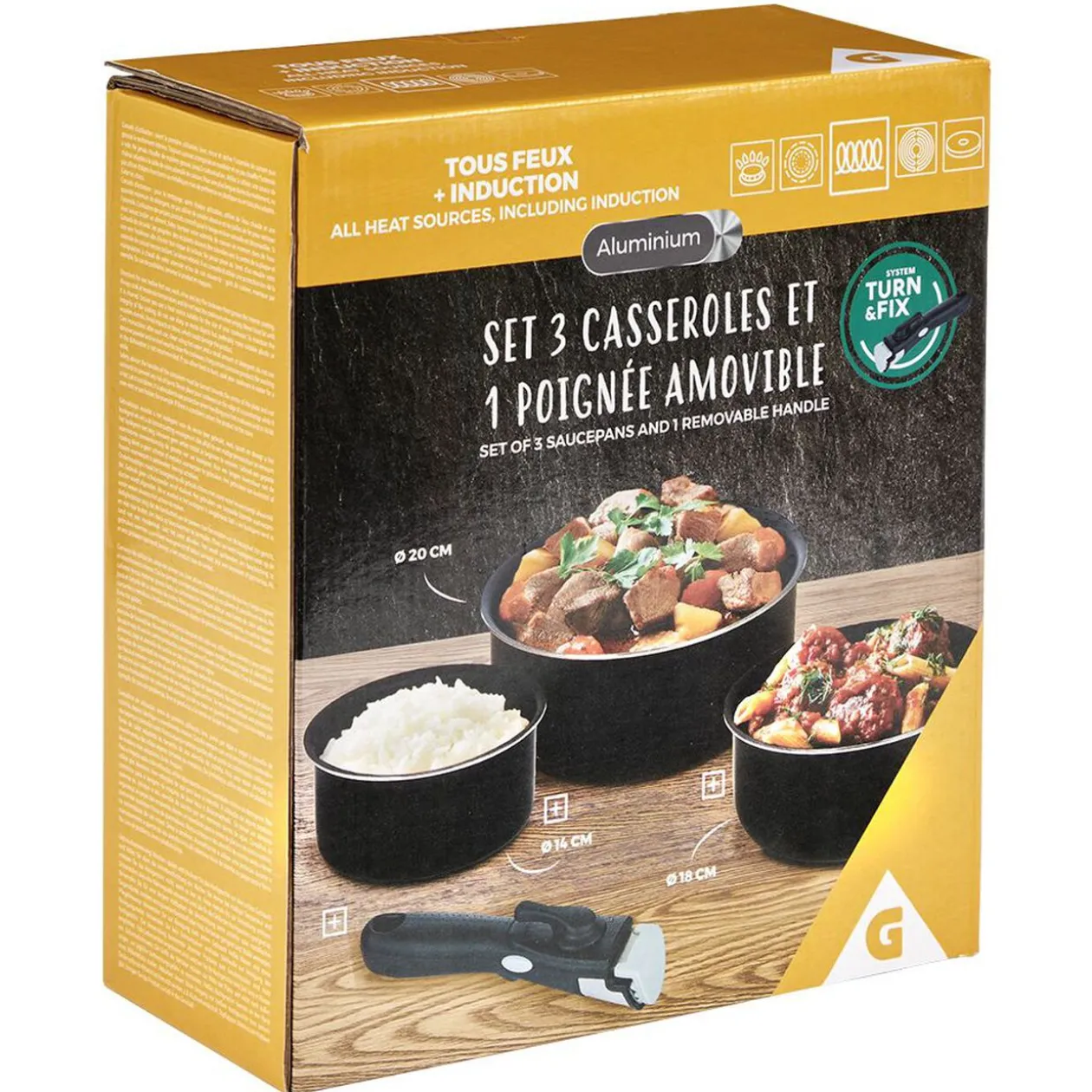 Casserole aluminium noir x3 avec poignée amovible x1