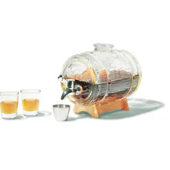 Distributeur de boisson tonneau support bois 1,5 L verres x2