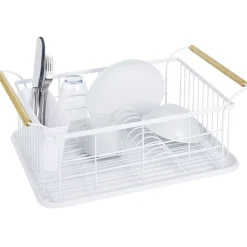 Egouttoir à vaisselle en métal blanc avec poignée en bambou