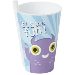 Gobelet avec paille intégrée bleu motif monstre violet Ø9xH13,5cm