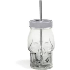 Gobelet en verre forme tête de mort avec paille et couvercle gris