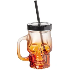 Gobelet en verre forme tête de mort avec paille et couvercle