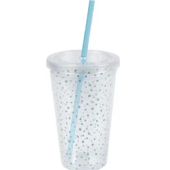 Gobelet plastique transparent couvercle et paille motif étoile bleu