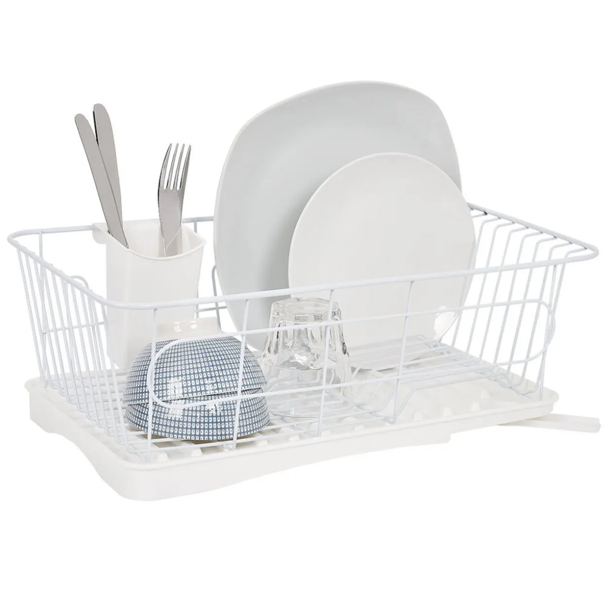 Égouttoir blanc avec bac de récupération et gouttière d'écoulement