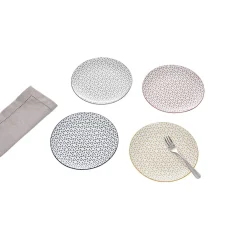 Lot de 4 assiettes à dessert porcelaine motif trait triangle multicolore Ø19cm