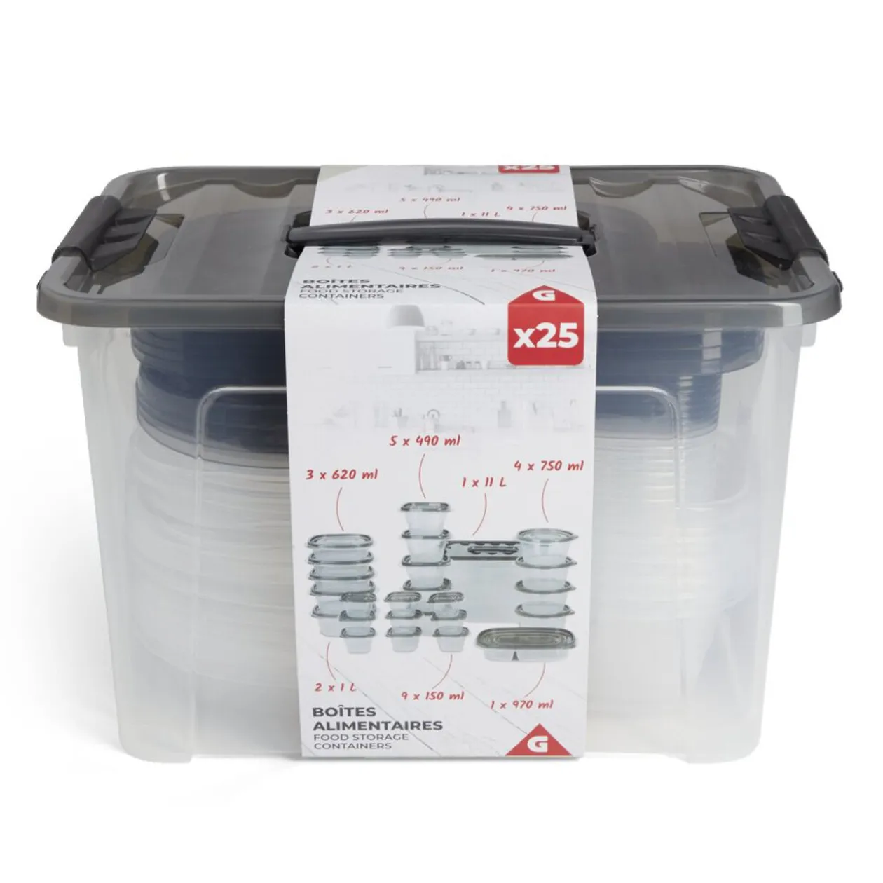 Lot de 25 boîtes alimentaires 150ml à 11L