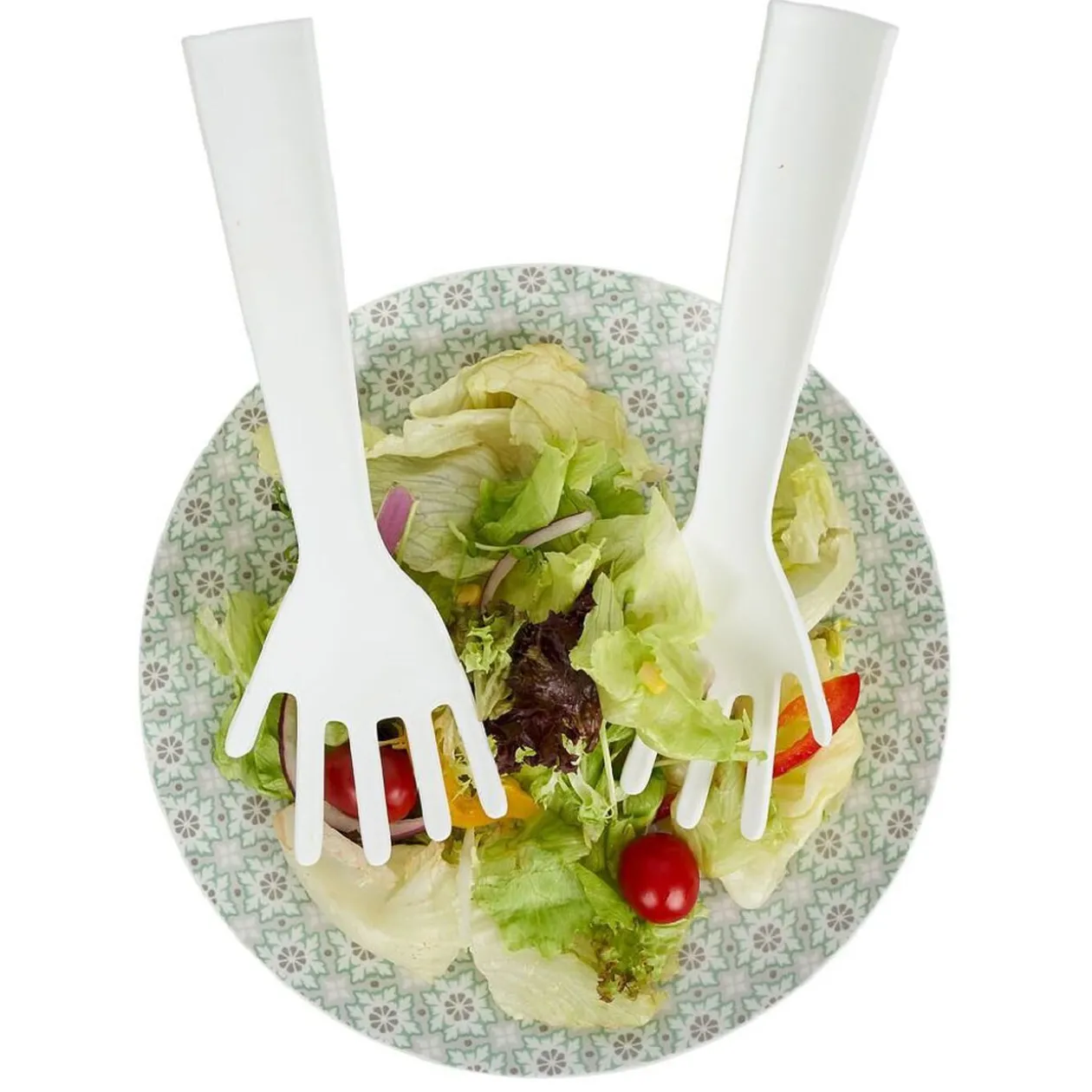 Lot de 2 couverts à salade forme main plastique blanc