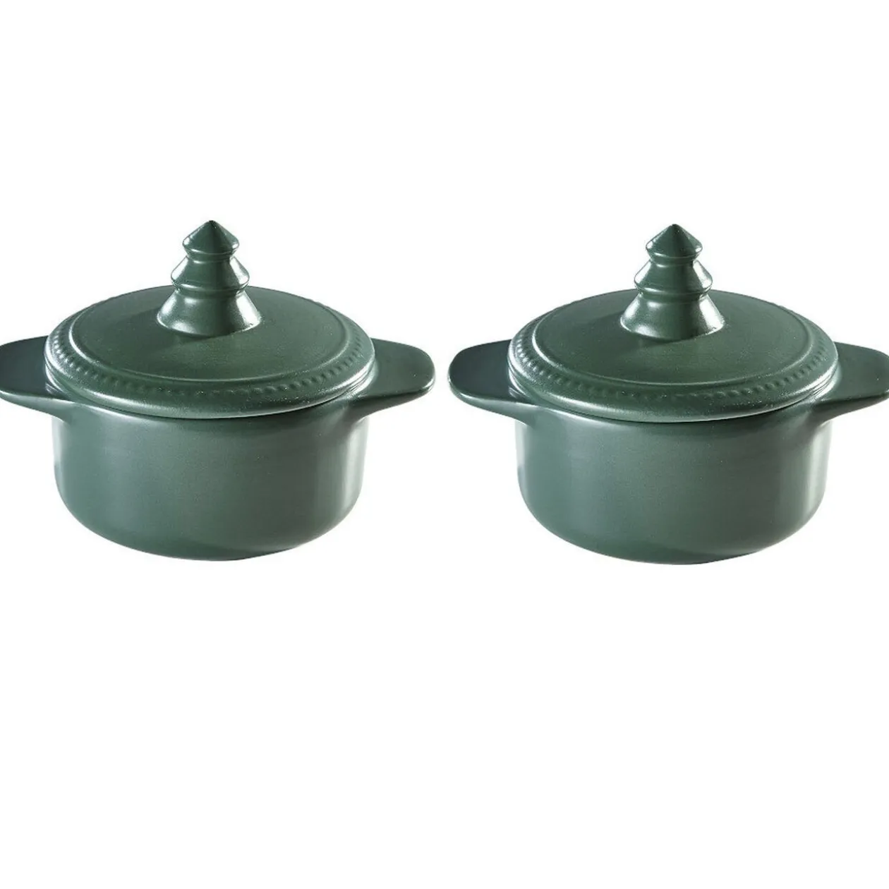Minis cocottes vertes avec couvercle poignée forme sapin x2