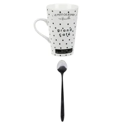 Mug porcelaine avec cuillère inox motif pois noir blanc 45 cl